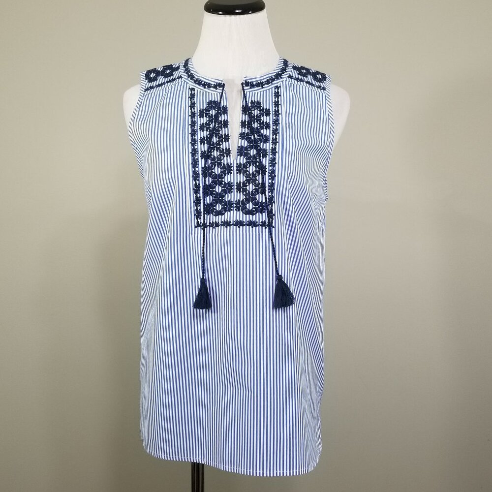 J. Crew Embroidered Striped Top 4 Blue White Stripes Sleeveless 100% Cotton